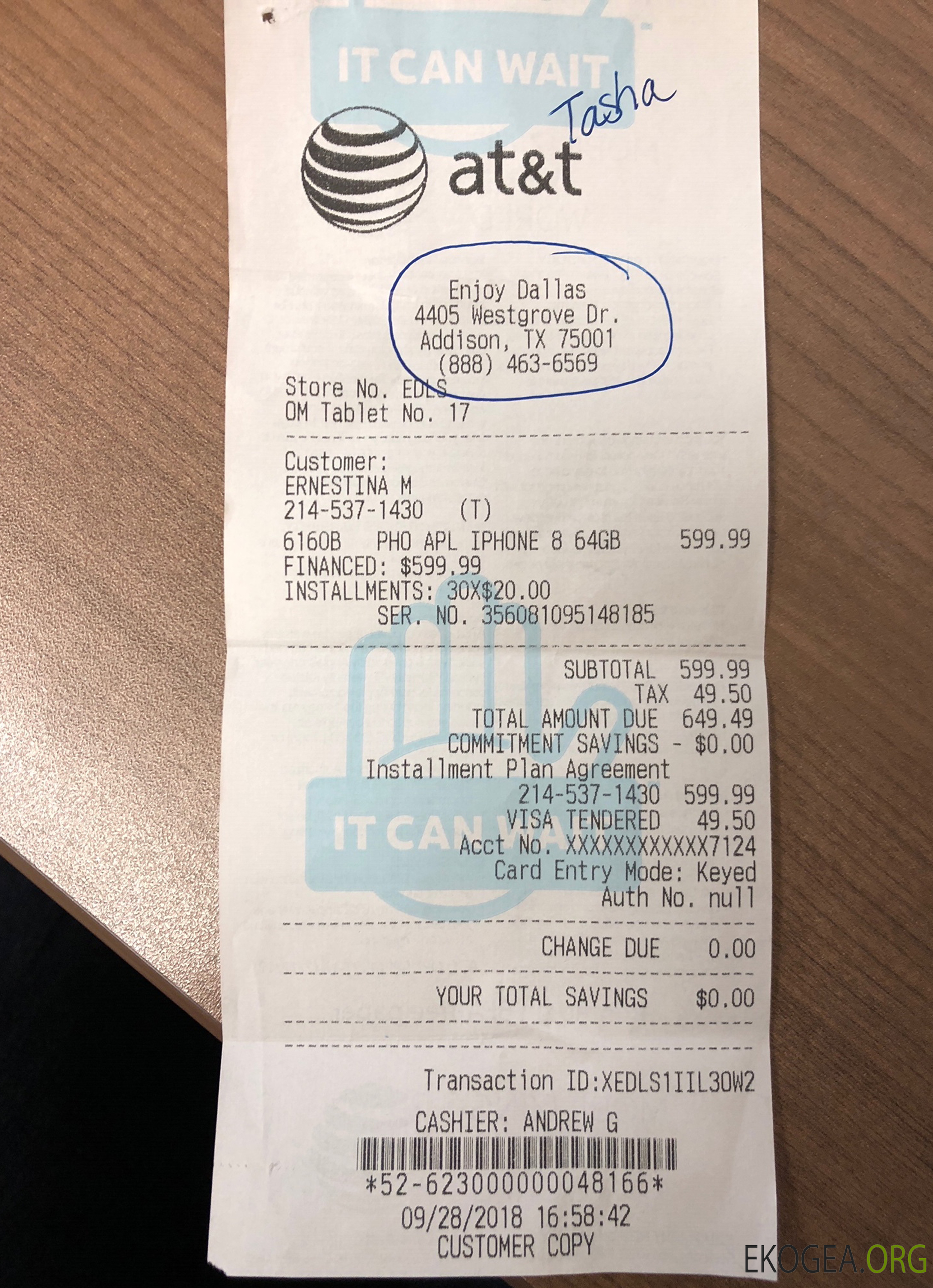 Reçu de paiement de l'entreprise At&t